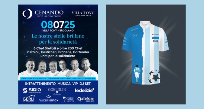 Chef con giacca dedicata a Maradona durante l’evento benefico Cenando sotto un Cielo Diverso 2025