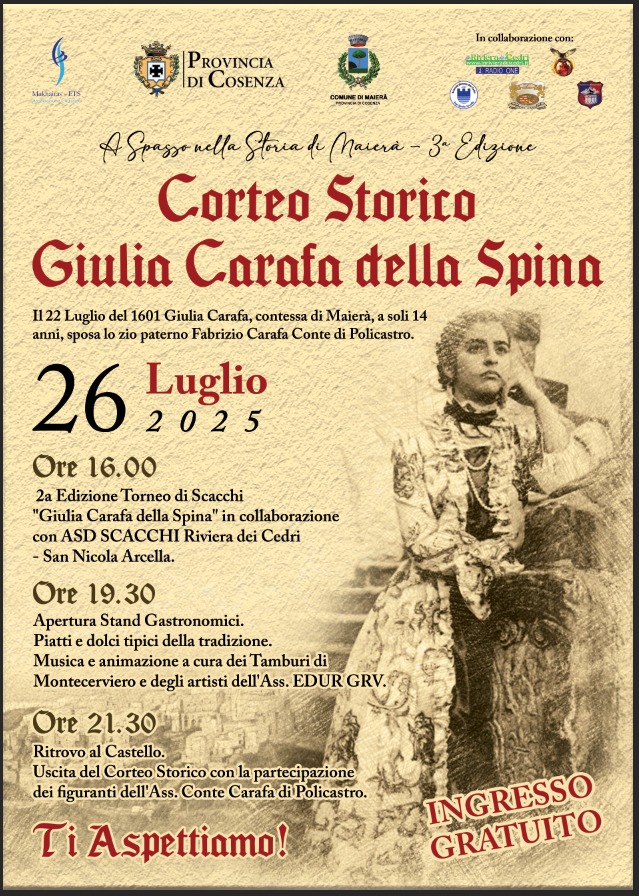Locandina Corteo Storico Giulia Carafa della Spina a Maierà 2025 – costumi rinascimentali e sfilata nel centro storico